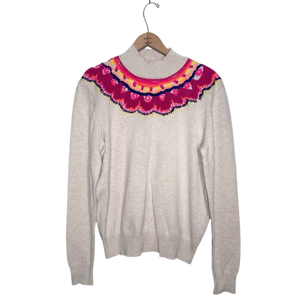 Cabi Winsome Pullover Bright Embroidered Neckline Mockneck Sweater Size Medium